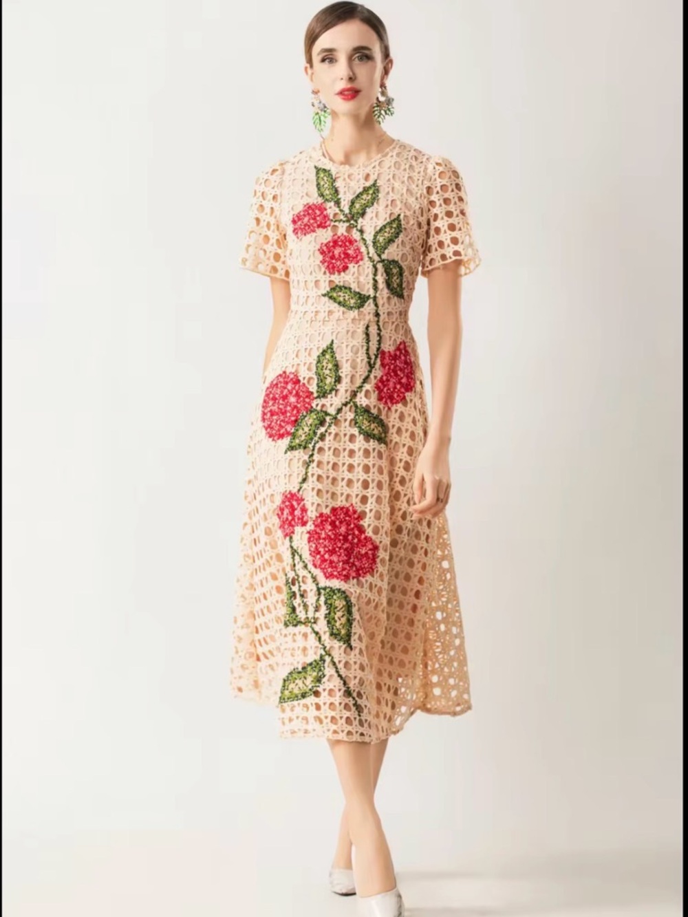 Peach Beige Crochet Midi Dress with Pink Floral in Size 6 and 8.
